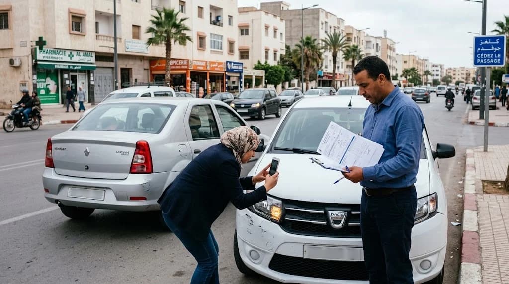 Deux conducteurs remplissent un constat et photographient les dégâts après un accident de la circulation à Agadir