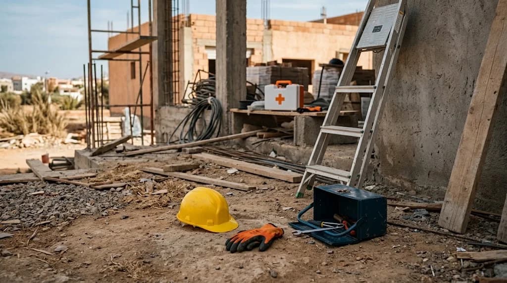 Casque de chantier, gants et outils au sol, échelle et trousse de premiers secours sur un chantier de construction interrompu à Agadir