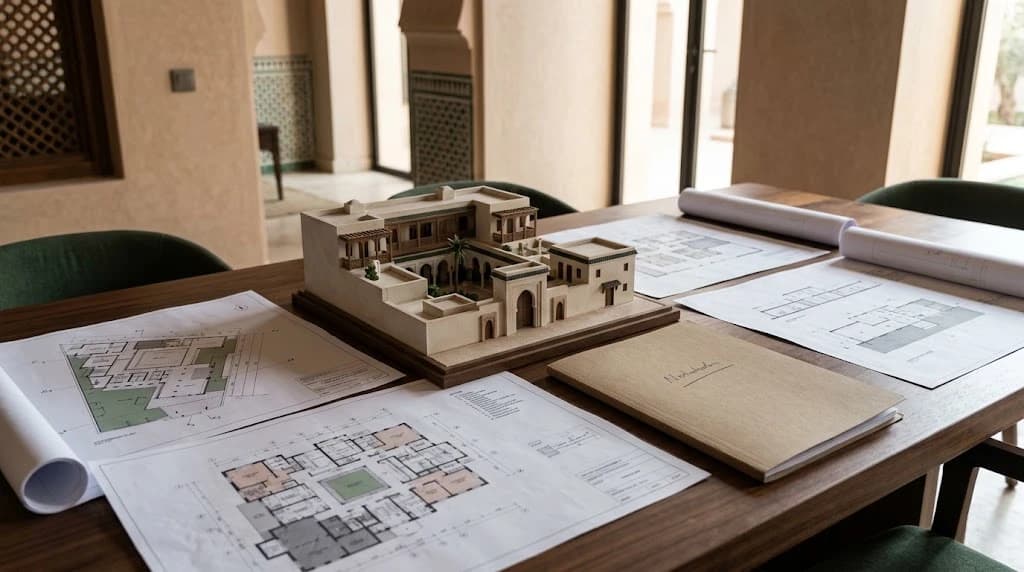 Maquette d'architecture d'un complexe hôtelier de style marocain posée sur une table de réunion, entourée de plans d'architecte et d'un dossier fermé, dans un intérieur aux arcades et zelliges.