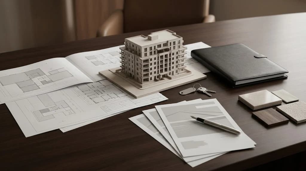 Plans d'architecte, maquette d'immeuble et clés sur un bureau en bois sombre, pour un achat immobilier en VEFA au Maroc