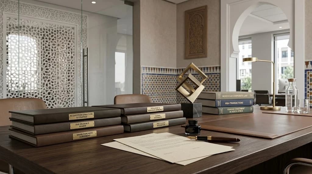 A dark wooden desk in a Moroccan office holding leather document binders labelled for acquisition structure, due diligence and closing, a brass interlocking-cube sculpture, stacked corporate-law books, an inkwell and a fountain pen, set against zellige tilework and a carved wooden screen.