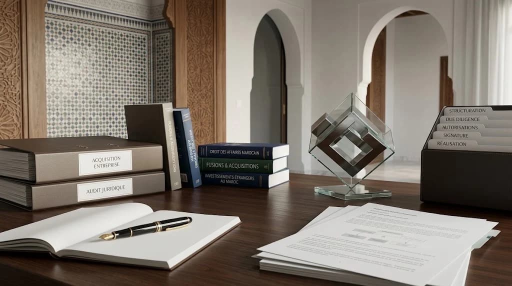 Un bureau en bois foncé dans un cabinet marocain : classeurs d'acquisition et d'audit juridique, livres de droit des affaires, sculpture en verre en forme de cube, cahier ouvert avec stylo, dossiers à onglets et documents, sur fond de zellige et d'arcs.