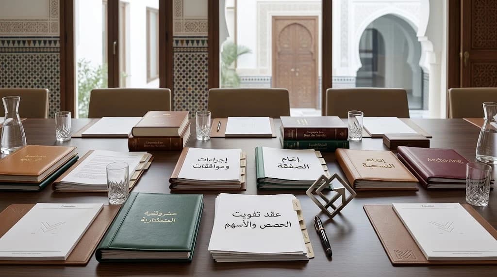 طاولة اجتماعات خشبية في مكتب مغربي عليها ملفّات وأوراق معنونة بمراحل تفويت الحصص، وكتب في قانون الشركات، ومجسّم نحاسي هندسي، وقلم، وكؤوس ماء، على خلفية زليج وباب خشبي مقوّس يطلّ على فناء.
