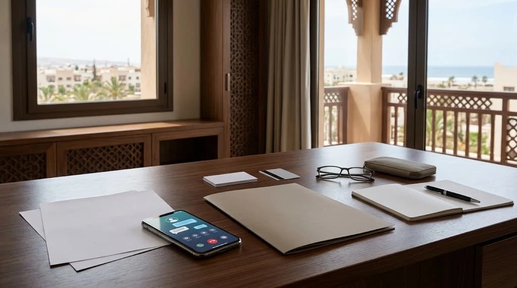 Wooden desk with blank papers, a smartphone showing a call screen, a folder, an open notebook and glasses, near a window overlooking the Agadir coast