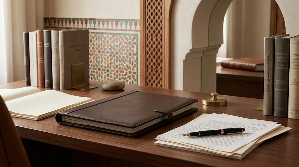 Un bureau en bois sombre portant un portefeuille en cuir brun, un cahier ouvert et une rangée d'ouvrages juridiques reliés maintenus par des serre-livres, un galet et un presse-papiers en laiton, ainsi qu'une liasse de feuilles et un stylo plume à bande dorée, devant un panneau de zellige marocain, un claustra en bois ajouré et une arche