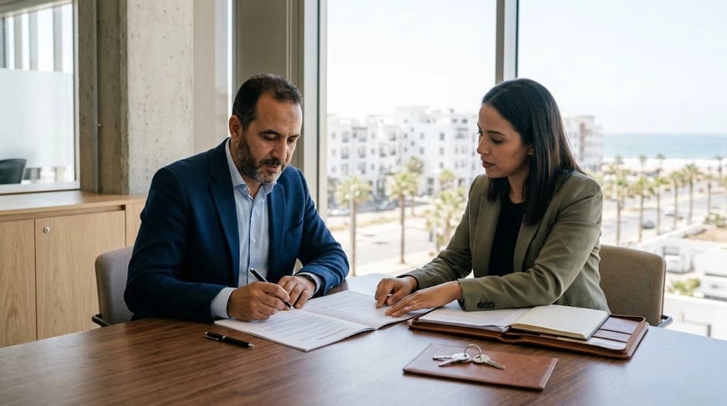 Entrepreneur examinant un bail commercial dans un local professionnel à Agadir