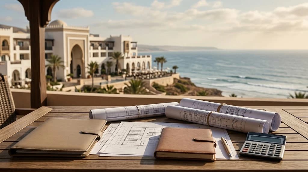 A wooden terrace table with closed leather folders, an open architectural floor plan, rolled building plans, a notebook and a calculator, overlooking a white Moroccan seaside resort and the Atlantic.