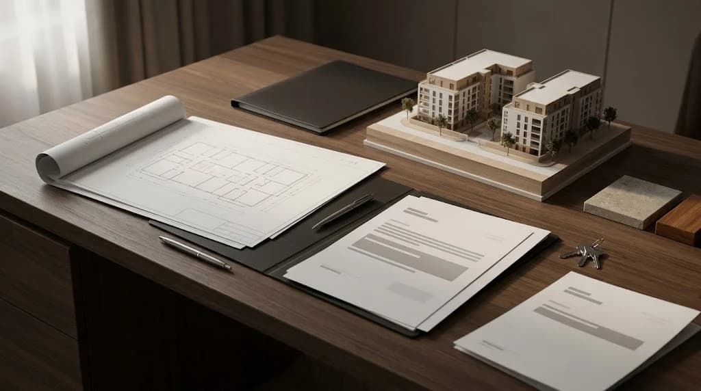 Architectural plans, a building model and keys on a dark wooden desk, representing an off-plan property purchase in Morocco