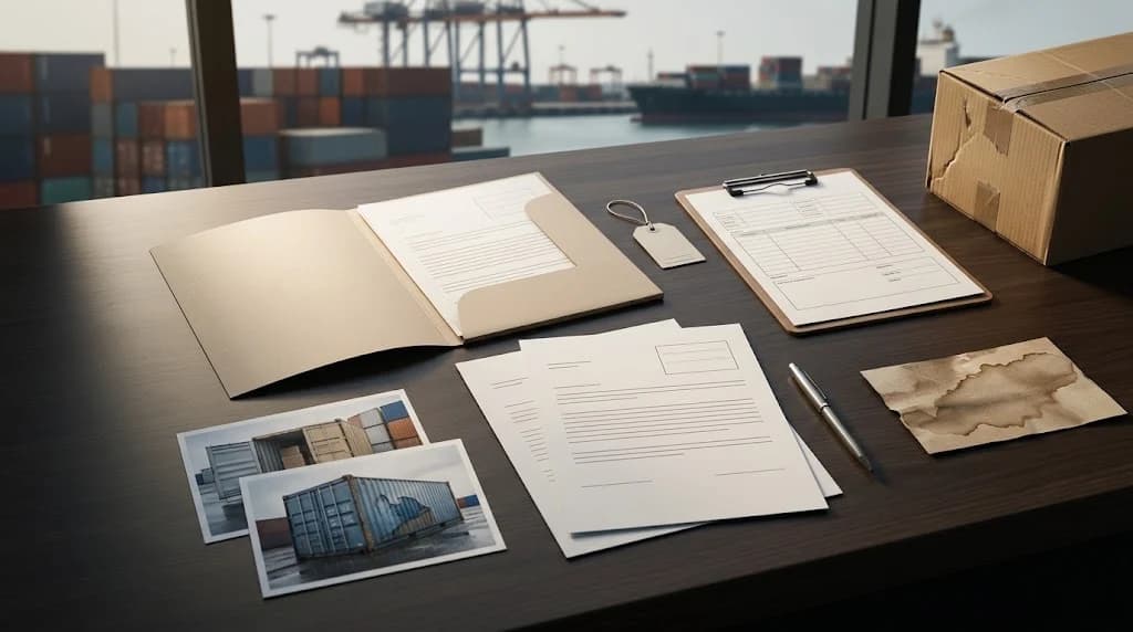 Maritime cargo documents and damaged goods illustrating a cargo claim in Morocco