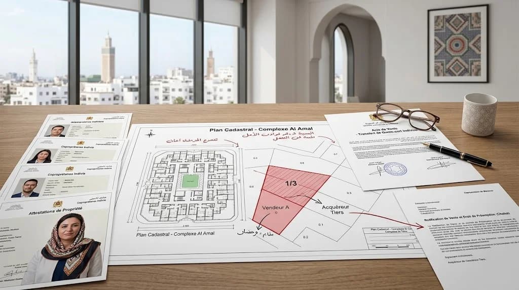 Dossier de chefaâ avec plans immobiliers et pièces relatives à la vente d'une quote-part indivise au Maroc