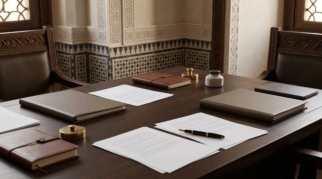 A dark wooden conference table set with two facing leather chairs, folders and stacked documents, a fountain pen, brass paperweights and an inkwell, against Moroccan zellige tilework and carved window screens