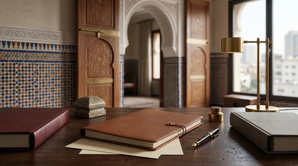 A dark wooden desk with a brown leather portfolio between a burgundy and a grey bound book, a fountain pen, a brass paperweight and a brass desk lamp, set against Moroccan zellige tilework, carved wooden doors and an arched window overlooking a city