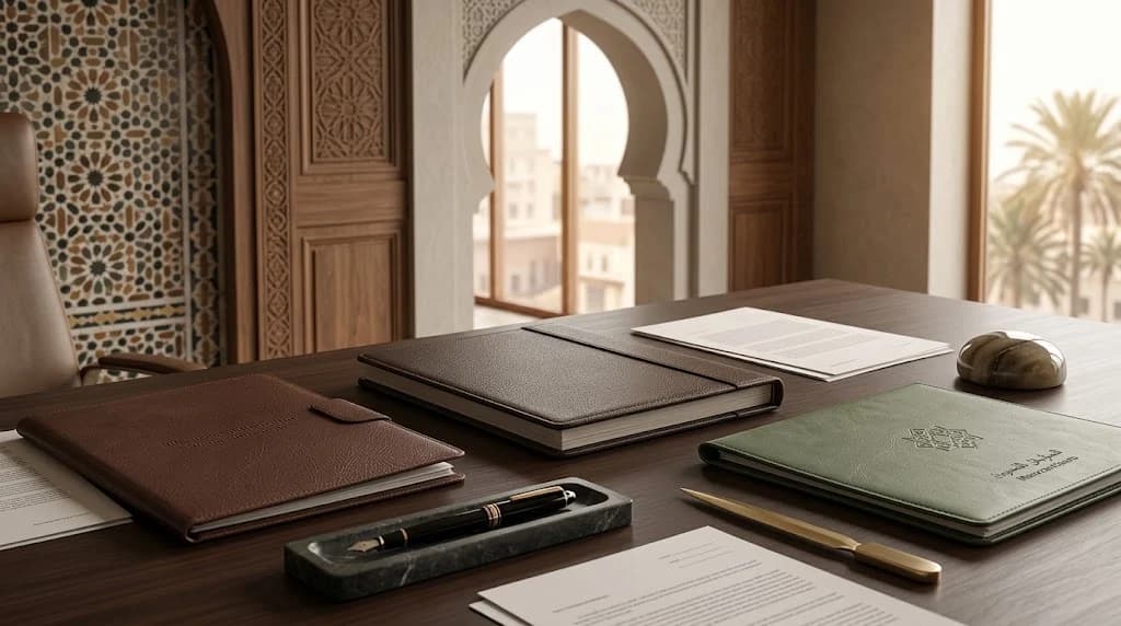 Un bureau en bois foncé avec des parapheurs en cuir brun, noir et vert, des documents, un stylo plume sur un plateau de marbre et un coupe-papier en laiton, devant une porte marocaine sculptée et une fenêtre cintrée donnant sur une ville bordée de palmiers