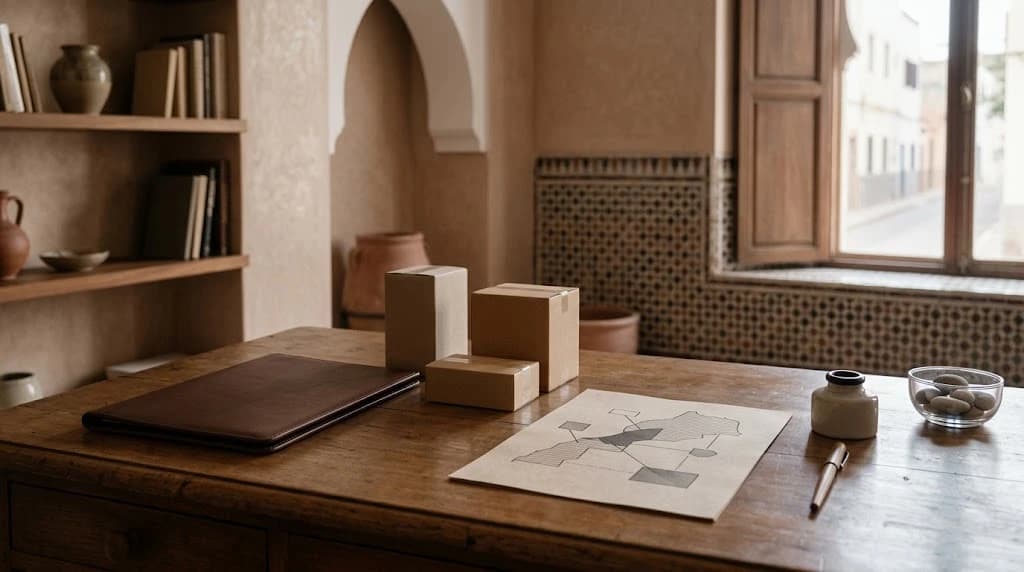Wooden desk in a Moroccan study holding a closed leather portfolio, three plain unbranded cardboard boxes, an ink pot and pen, and a sheet showing an abstract network diagram, beside a shuttered window overlooking a quiet street