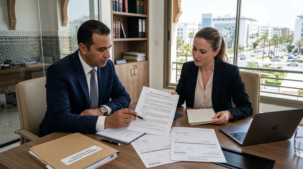 Business owner reviewing commercial contracts and dispute documents with a legal professional in Morocco