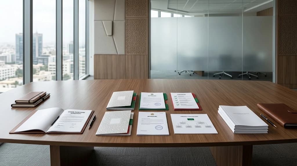 Signing-to-closing process in a Moroccan share sale — a signed agreement, approval documents and a closing checklist laid out on a boardroom table.