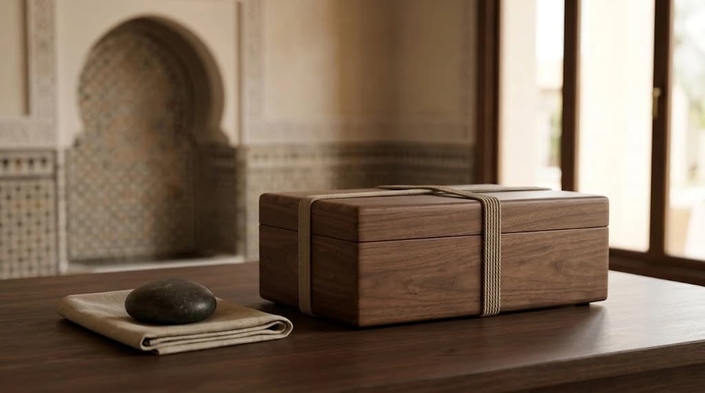 A closed walnut box bound with a cord, and a smooth stone resting on a folded cloth, on a dark wooden desk in a Moroccan room with a tiled arched niche and a window