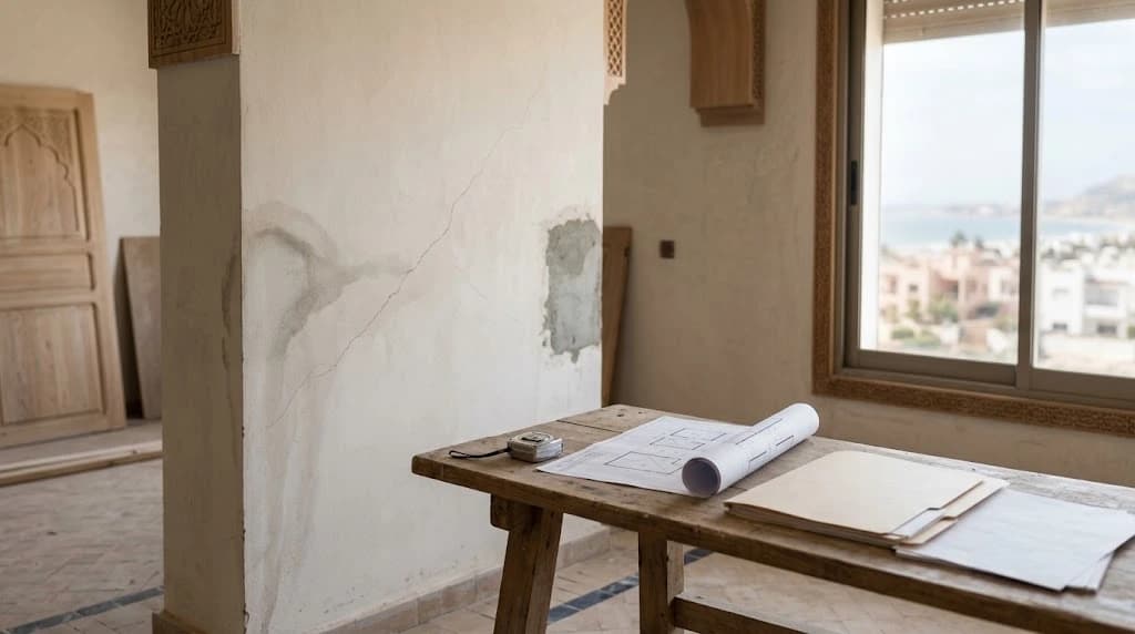 Unfinished villa interior with a cracked, water-stained plaster wall, a rolled plan and a tape measure on a workbench, near a window overlooking the Agadir coast
