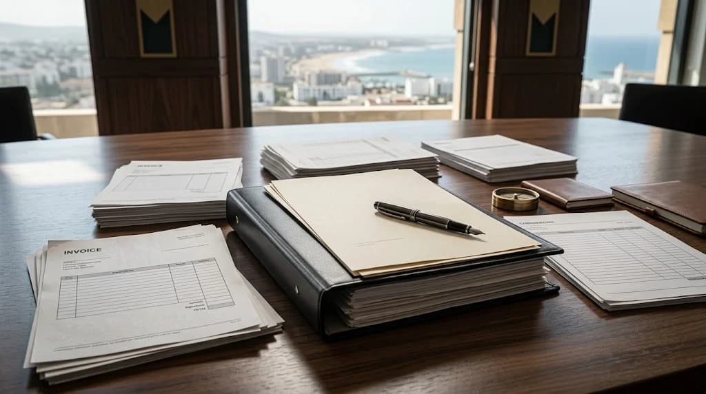 Dossier de contentieux commercial avec contrats et pièces de preuve pour un litige devant le Tribunal de commerce d'Agadir