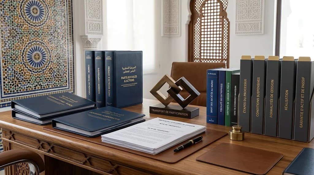Un bureau en bois dans un cabinet marocain : classeurs bleus de cession de titres et de dossiers sociaux, livres de droit des sociétés, chemises noires étiquetées par étape de la cession, sculpture cubique en laiton et un acte relié avec un stylo, sur fond de zellige et de moucharabieh.