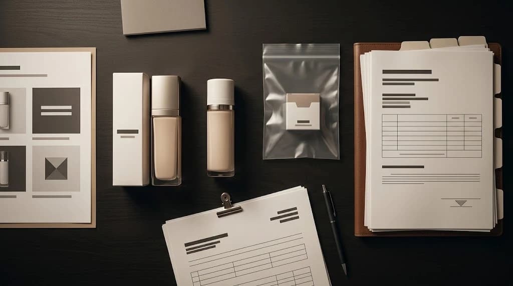 Produit authentique et copie suspectée disposés avec des éléments de preuve et un dossier de contrefaçon de marque