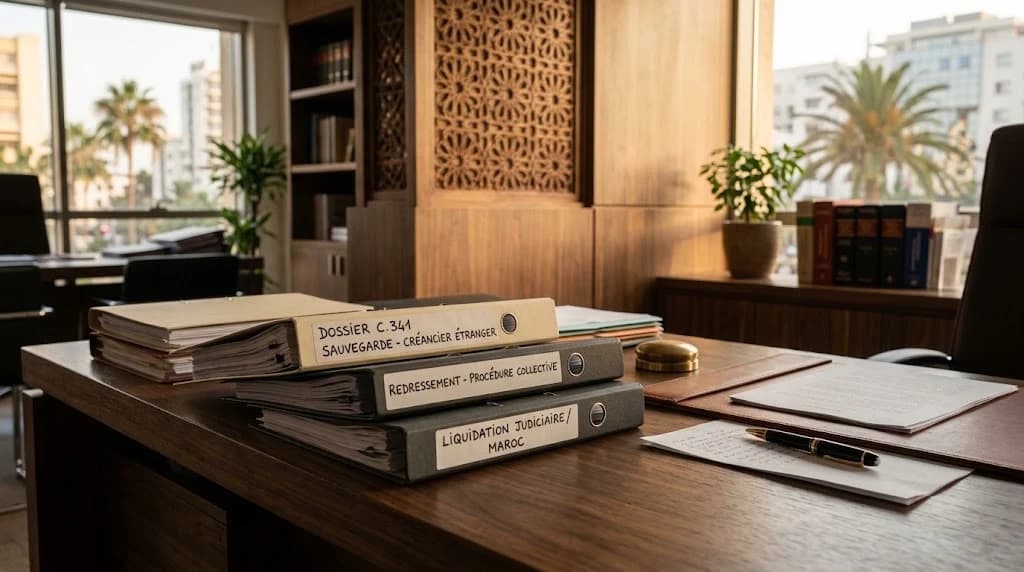 Plusieurs classeurs fermés empilés sur un bureau en bois sombre, avec un presse-papiers en laiton, une feuille et un stylo posés sur un sous-main en cuir, devant une bibliothèque et un panneau en bois sculpté aux motifs géométriques