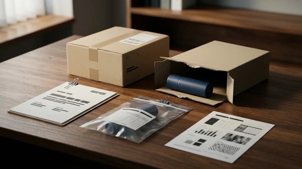 Suspected counterfeit goods arranged with customs detention evidence and border enforcement documents