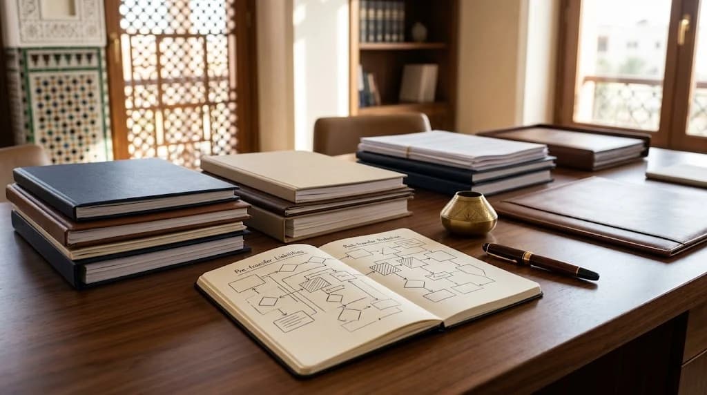مكتب خشبي في فضاء مغربي بزليج وباب خشبي مشبَّك (مشربية) ورفّ كتب، عليه ملفّات ودفاتر مرتّبة ومجسّم نحاسي وسنّادة جلدية وقلم، ودفتر مفتوح يحمل مخطّطاً انسيابياً مرسوماً باليد لتوزيع المخاطر بين ما قبل التفويت وما بعده.