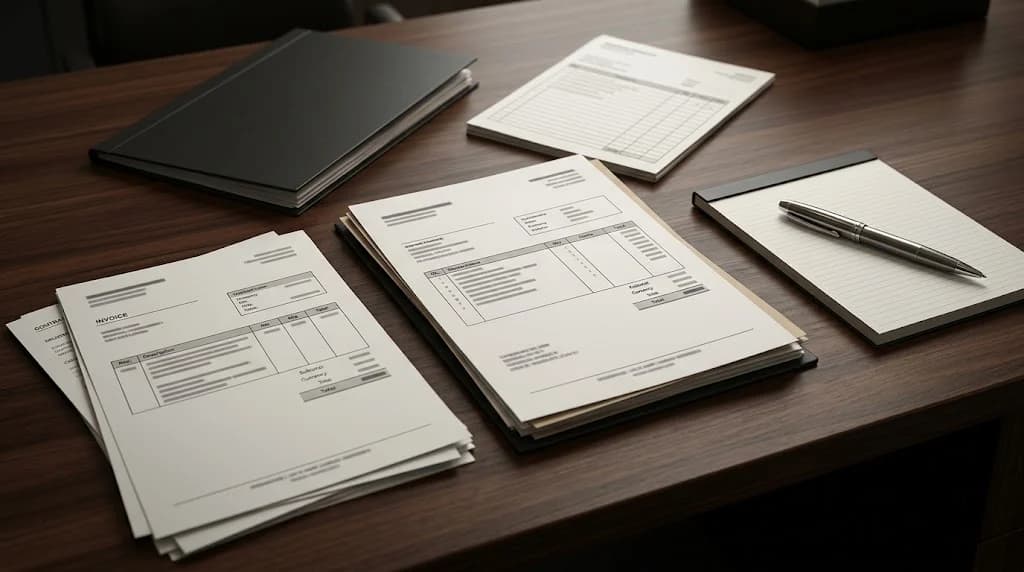Commercial debt file with an unpaid invoice, business ledger and pen on a dark office desk