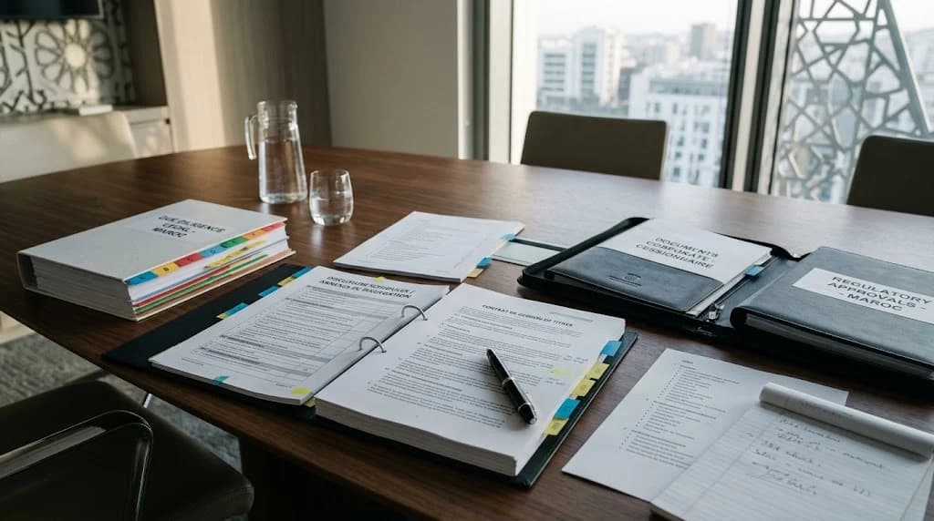 Une table de réunion en bois dans une salle marocaine en hauteur donnant sur une ville, avec un classeur ouvert à intercalaires colorés, des dossiers, un stylo et une carafe d'eau — parmi les documents, une cession de titres, un audit juridique et des autorisations réglementaires.