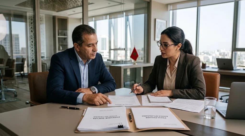 Employeur examinant un dossier de litige du travail avec contrat et pièces disciplinaires au Maroc