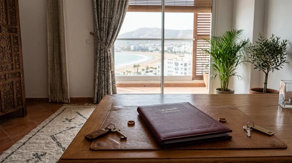 Two wedding rings and two sets of keys beside a document folder in a Moroccan interior overlooking the Agadir bay, evoking marital separation