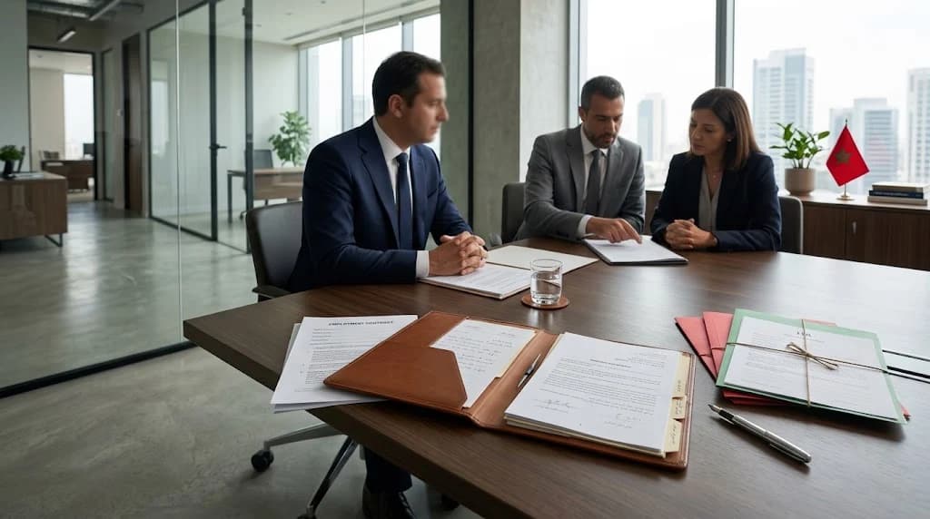Employer reviewing employment dispute documents and disciplinary records for a labour case in Morocco