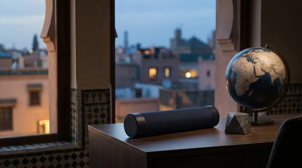 A closed dark document tube and a faceted stone paperweight on a wooden desk beside an unlabelled globe, in front of an arched window overlooking a Moroccan cityscape at dusk