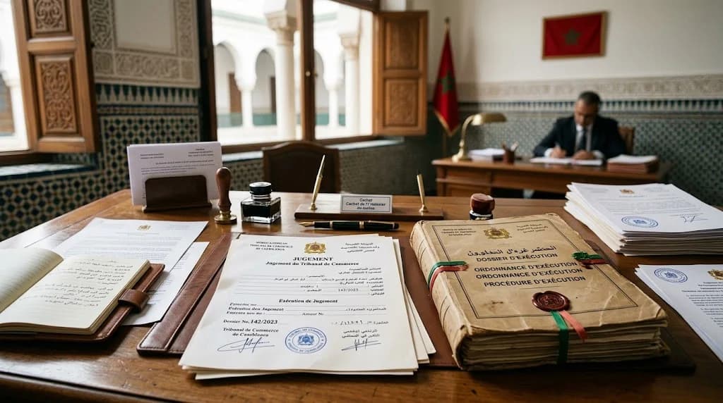 Court judgment enforcement dossier with execution documents and asset information for proceedings in Morocco