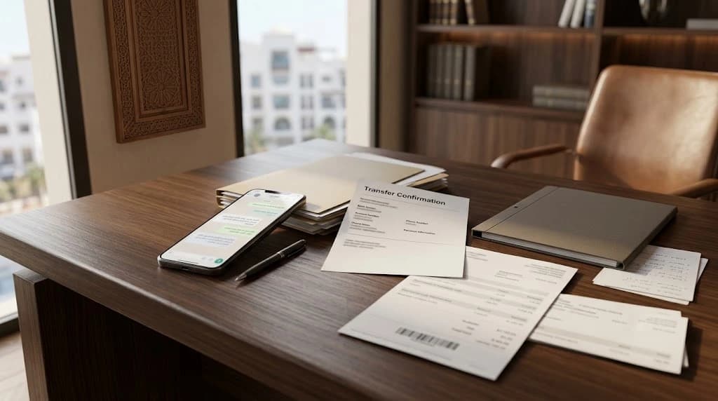 Bureau en bois avec un téléphone affichant une messagerie, un stylo, un dossier, des reçus et une confirmation de virement, près d'une fenêtre