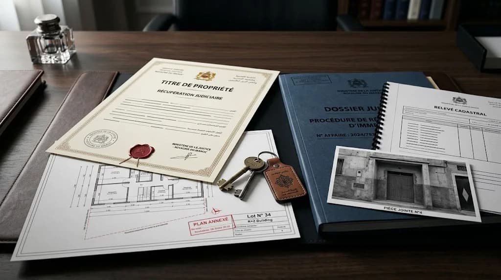 Property-right dossier, architectural plan and keys for an occupant-without-title eviction dispute in Morocco