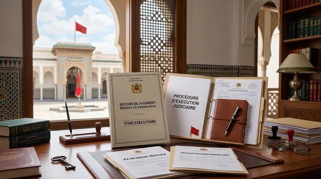 Dossier d'exécution d'un jugement avec pièces d'exécution et informations sur les biens au Maroc