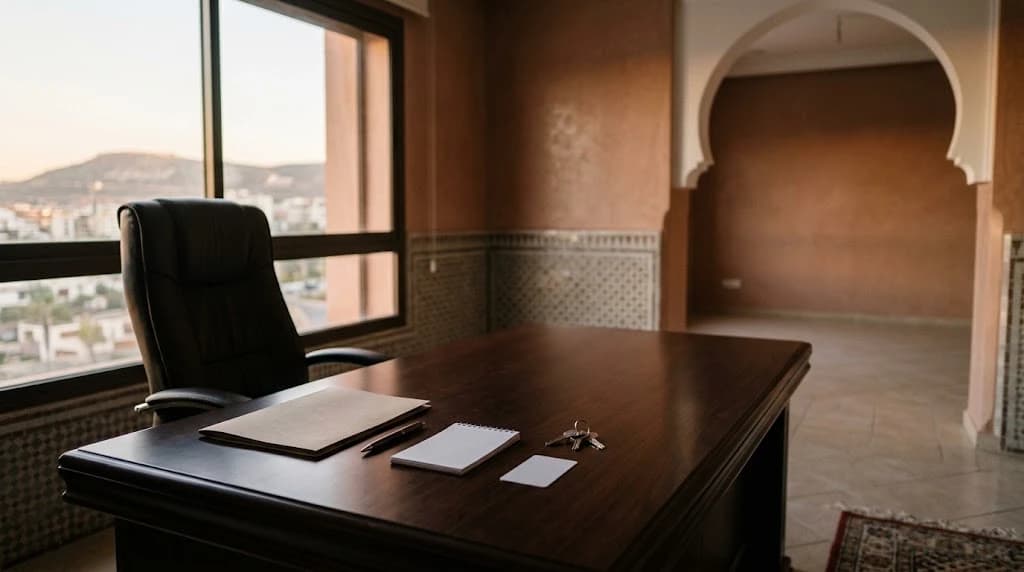 An empty black leather executive chair behind a dark wooden desk with a closed folder, a blank notepad, a pen, keys and a blank access card, in a Moroccan office with an arched tiled niche and a window over the city at dusk.