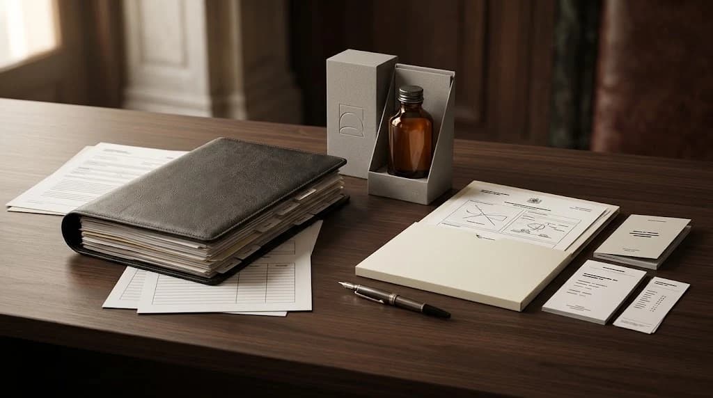 International trademark portfolio and local brand-protection filing materials in a professional office setting