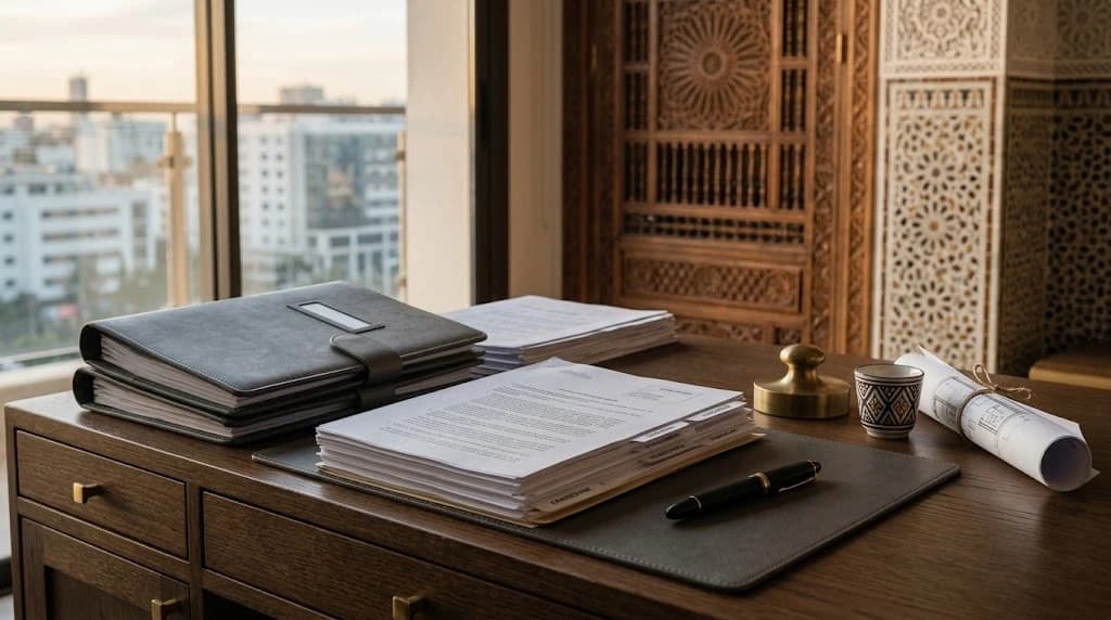 A closed leather document folder, a stack of papers, a brass paperweight, a patterned Moroccan cup and a pen on a dark wooden desk, before a window and a carved geometric screen in warm light