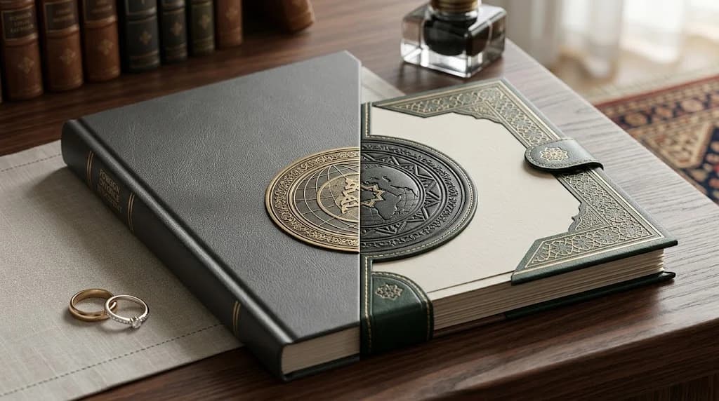 A book combining a world-map motif with a Moroccan geometric design, beside two wedding rings, evoking the recognition of a foreign divorce judgment in Morocco