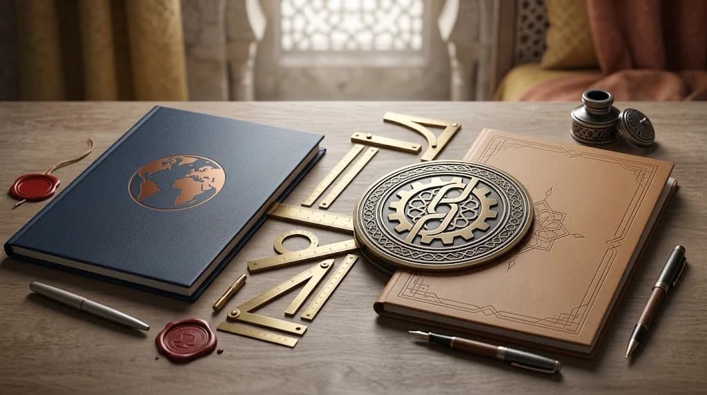 Official document folders, a globe motif, wax seals and drafting instruments on a desk in a Moroccan setting, evoking the recognition of foreign judgments in Morocco