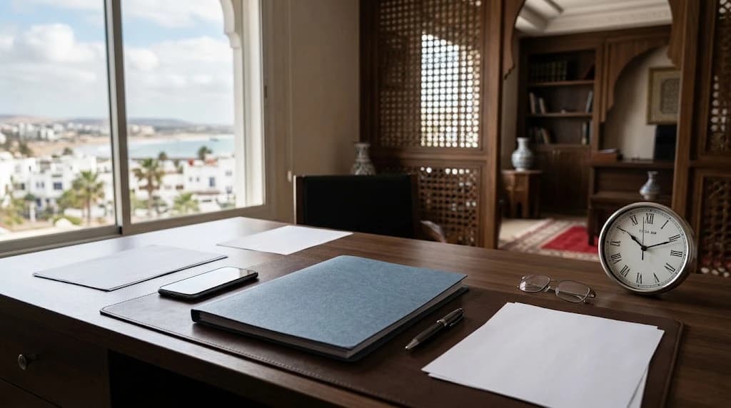 Bureau en bois avec un dossier bleu, des feuilles, un téléphone, des lunettes, un stylo et une horloge, près d'une fenêtre donnant sur Agadir