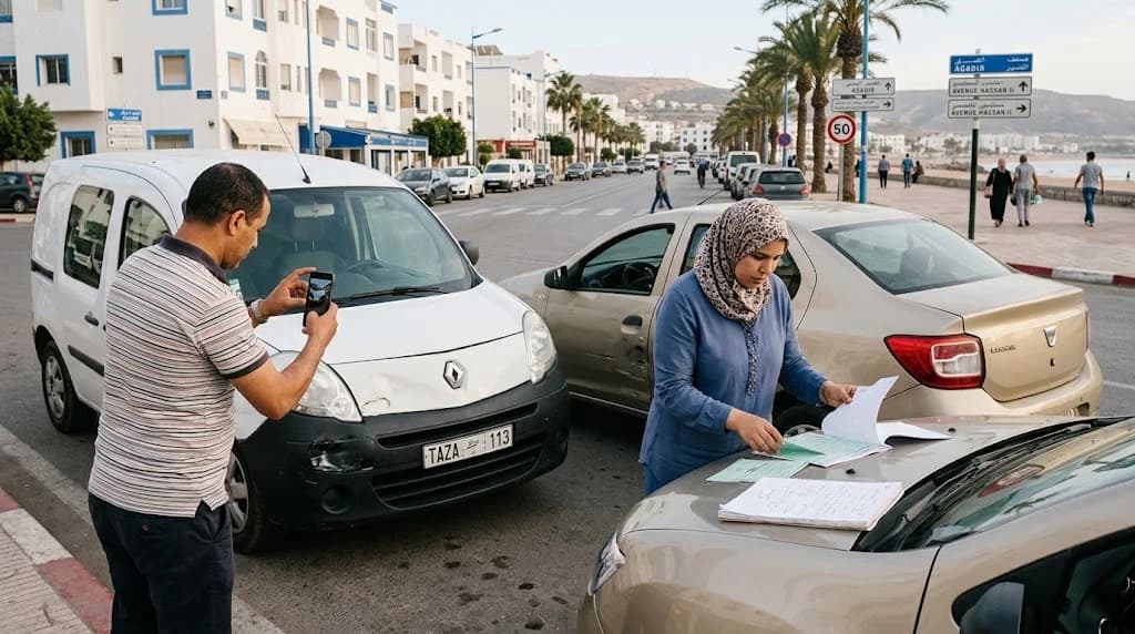 سائقان يوثقان الأضرار ويملآن محضر المعاينة بعد حادثة سير في أكادير
