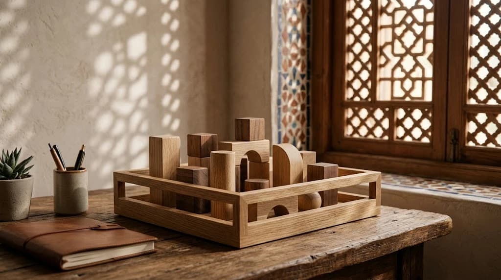 مكعبات خشبية هندسية غير معلَّمة داخل صينية خشبية مفتوحة على طاولة خشبية، إلى جانب كوب أقلام ونبتة ودفتر جلدي مغلق، مع شبك خشبي مشربية في الخلفية