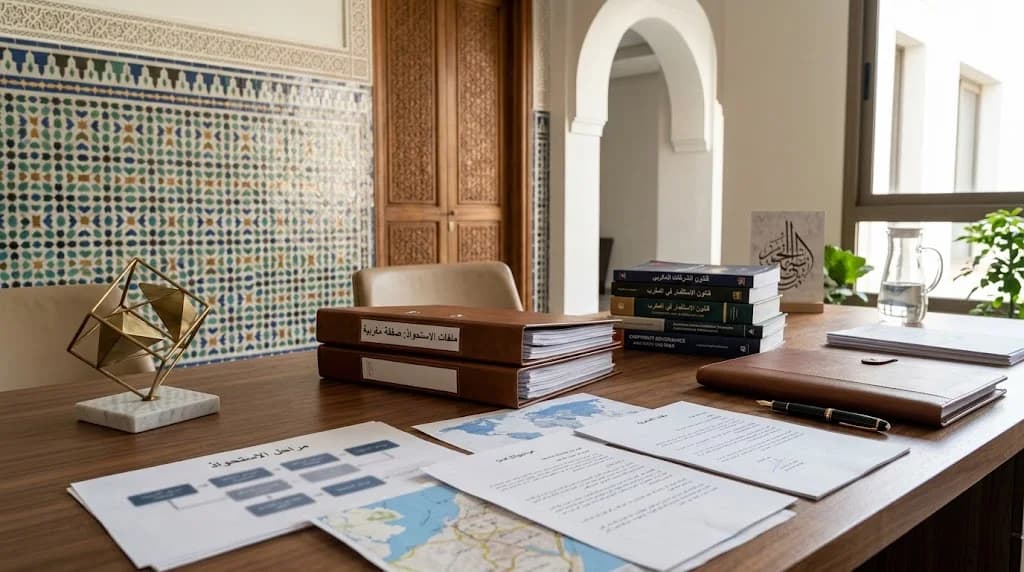 مكتب خشبي داكن في مكتب محاماة مغربي: مصنّف جلدي لملفات الاستحواذ، وكتب في قانون الشركات والاستثمار، ومجسّم نحاسي هندسي على قاعدة رخامية، ومحفظة جلدية وقلم، وأوراق عليها مخطّط مراحل وخريطة، على خلفية زليج وباب خشبي وقوس.