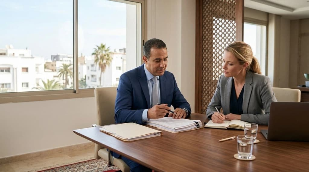 Foreign client reviewing legal documents with a lawyer in Morocco