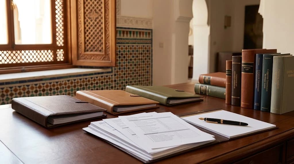 A dark wooden desk holding three leather document folders in brown, tan and olive green, a stack of loose printed sheets, and a black fountain pen resting on white paper, with a row of bound legal volumes to the right, set against Moroccan zellige tilework, a carved wooden screen and a latticed window opening onto a sunlit room.