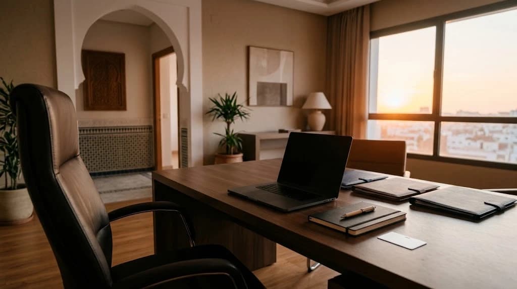 Un fauteuil de direction vide devant un grand bureau en bois portant un ordinateur portable à l'écran éteint, des dossiers fermés, un carnet et un stylo, dans un bureau marocain aux arcades et zelliges au coucher du soleil.